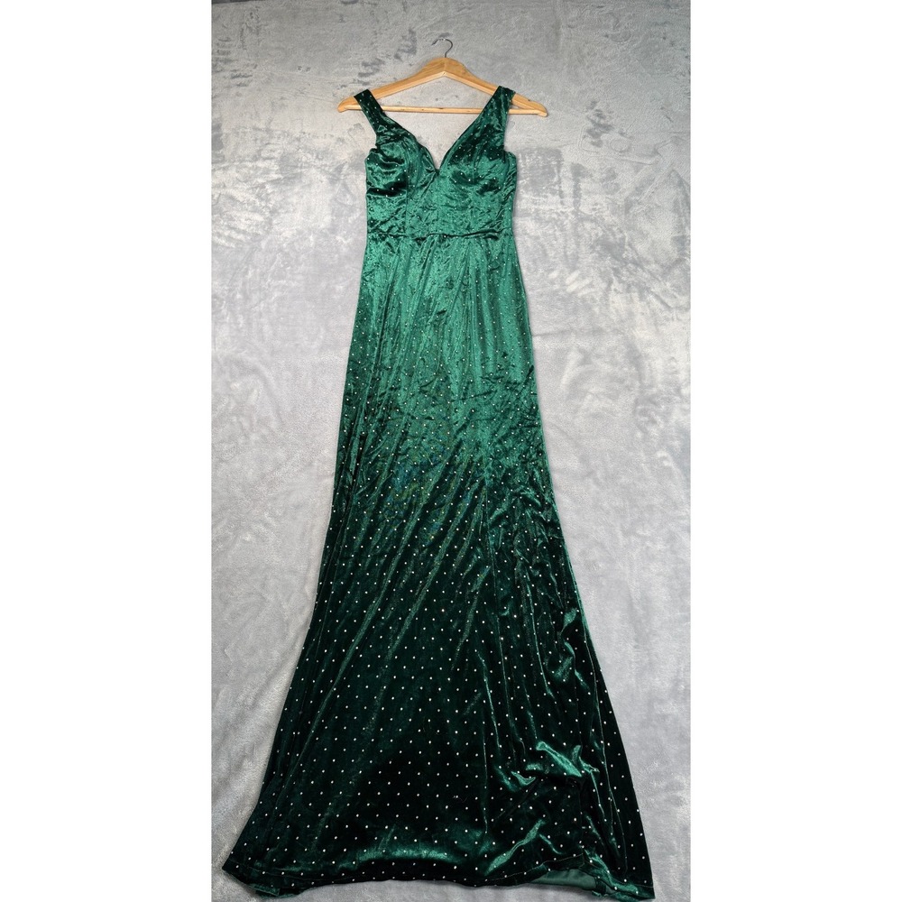 Crystall Doll Sexy Maxi Dress Womens 13 Green Velvet Rhinestones V Neck Back Zip